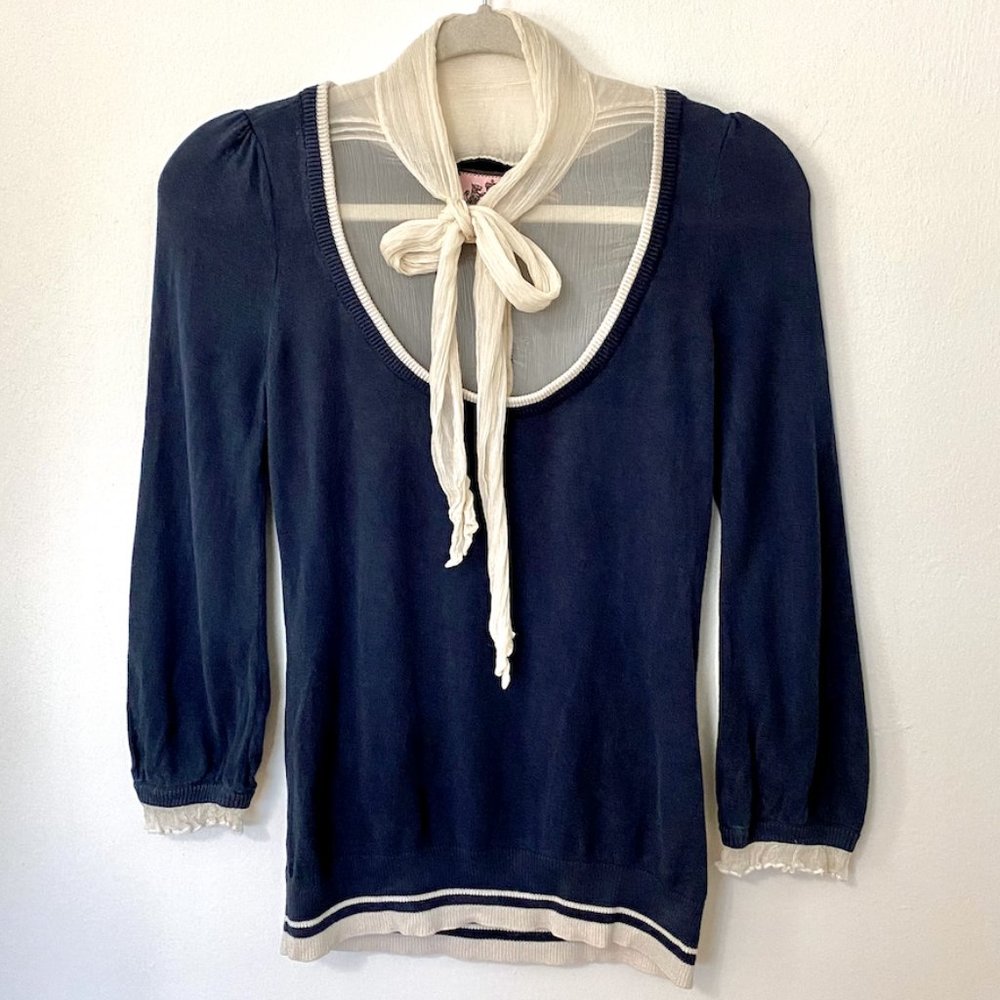 Vintage Y2K Juicy Couture Silk Knit Tie Front Button Blouse Navy Cream Top Small